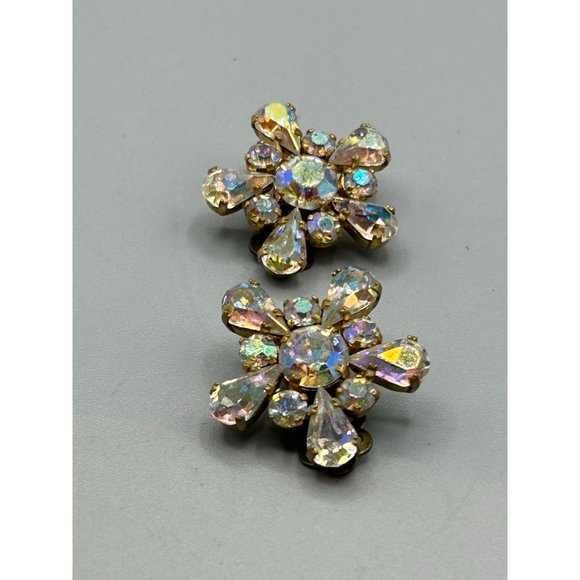 Vintage Made in Austria Clip On Rhinestone Earrings Aurora Borealis Gold Tone - Picture 4 of 7